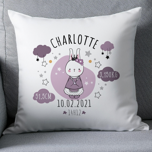 coussin naissance personnalisé lapin avec prénoms et informations de naissance importantes