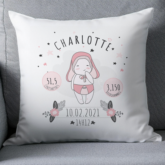 Coussin naissance personnalisé rose bébé fille