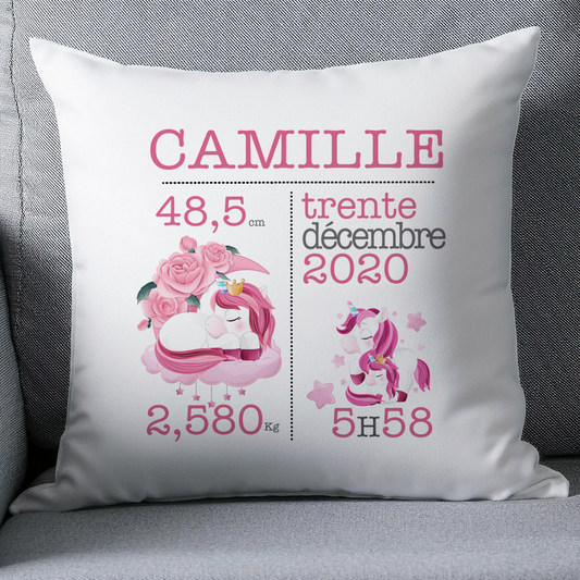 Coussin naissance personnalisé licorne rose - Cadeau de naissance