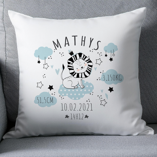 Coussin naissance personnalisé lion, cadeau naissance bébé