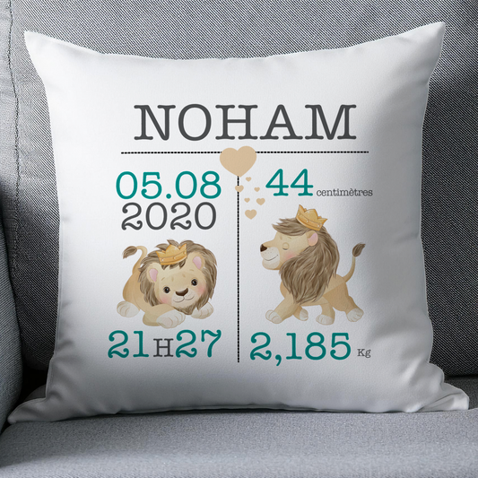 Coussin naissance personnalisé Lion - Cadeau de naissance