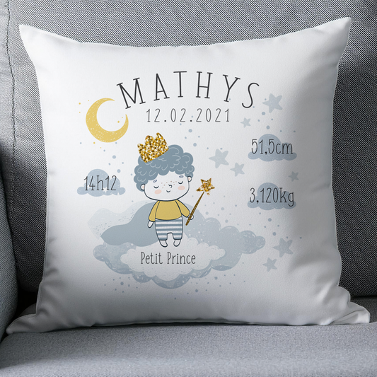 Coussin naissance personnalisé petit prince dans les nuages