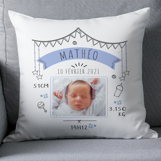 Coussin naissance bébé personnalisé photo modèle garçon bleu
