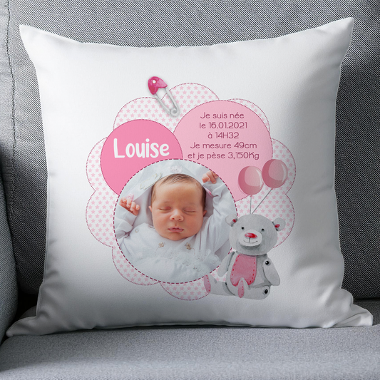 Coussin naissance photo personnalisé fille - Cadeau de naissance bébé fille