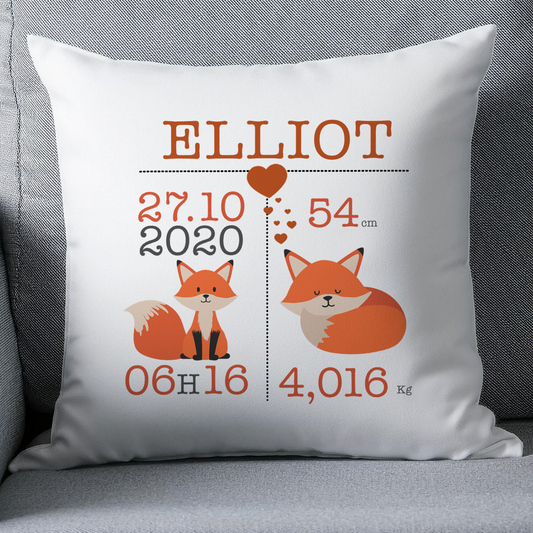 Coussin naissance personnalisé renard - Cadeau de naissance bébé renard
