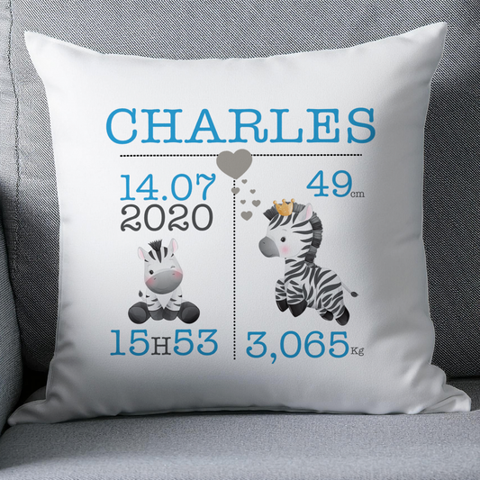 Coussin naissance personnalisé zèbre - Cadeau de naissance personnalisé bébé zèbre