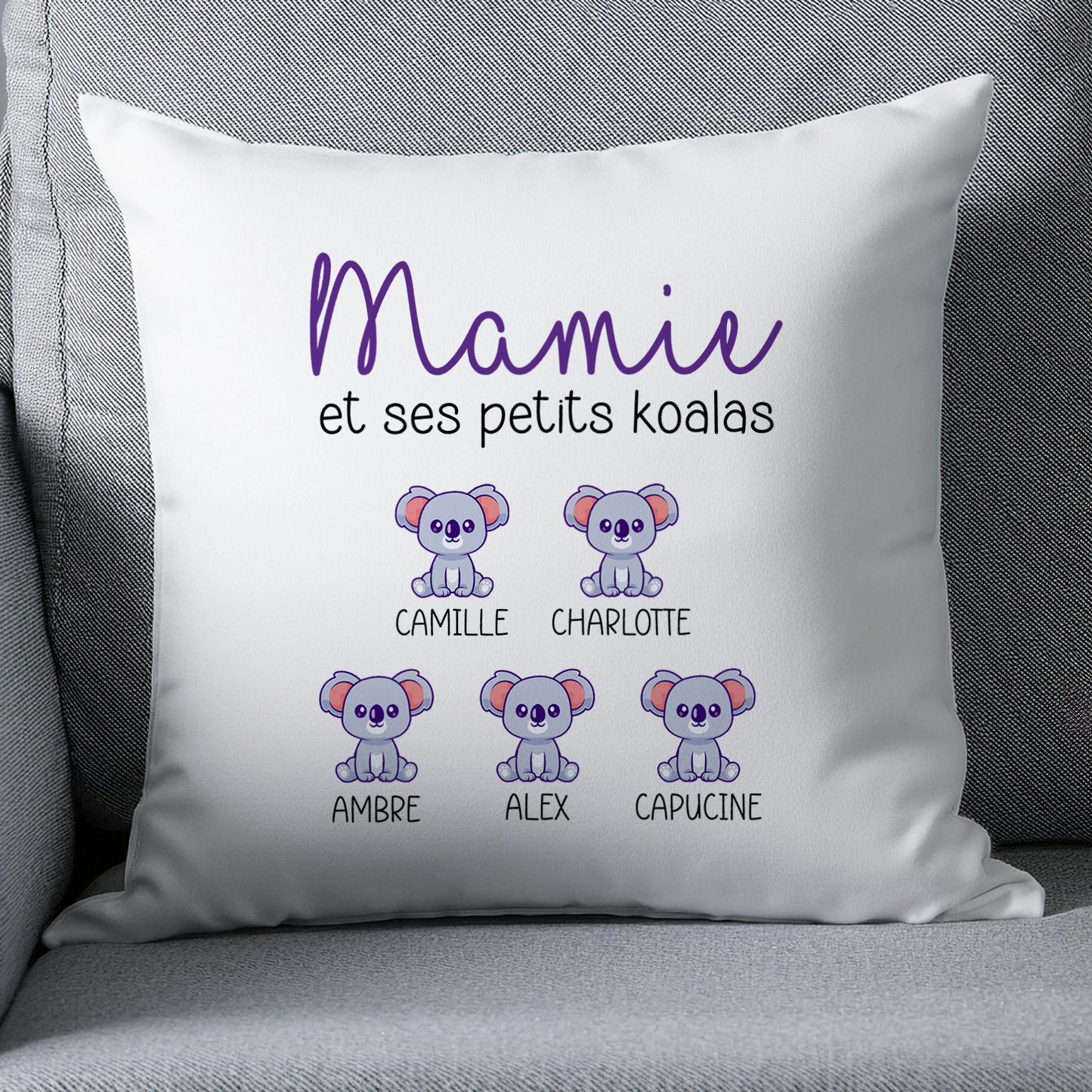 Coussin personnalisé Mamie et ses petits Koalas avec prénoms – Cadeau touchant et unique