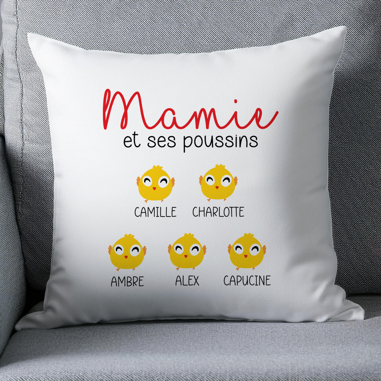 Coussin personnalisé Mamie et ses poussins avec prénoms – Cadeau touchant et unique