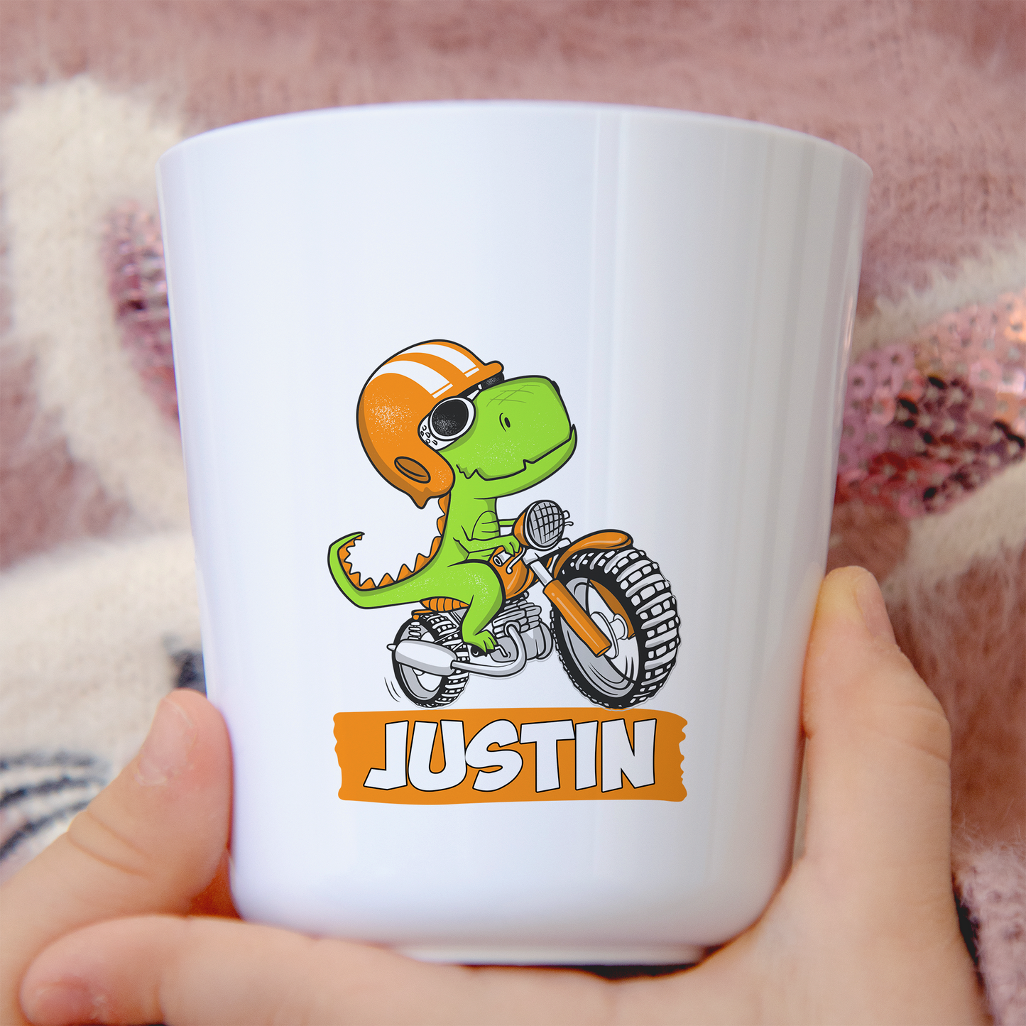 Gobelet enfant personnalisable – Dinosaure sur une moto