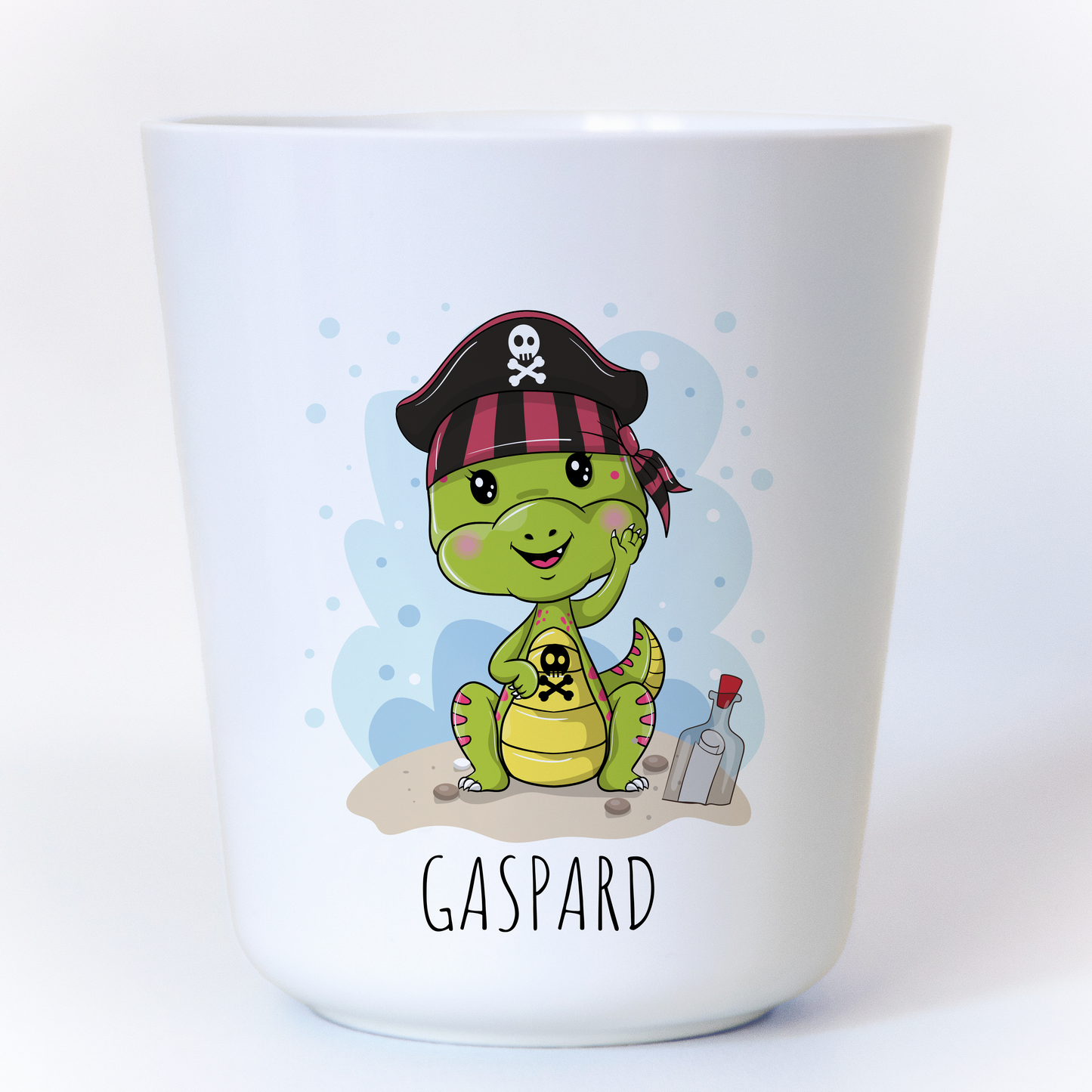 Gobelet enfant personnalisé avec un dinosaure pirate et un prénom