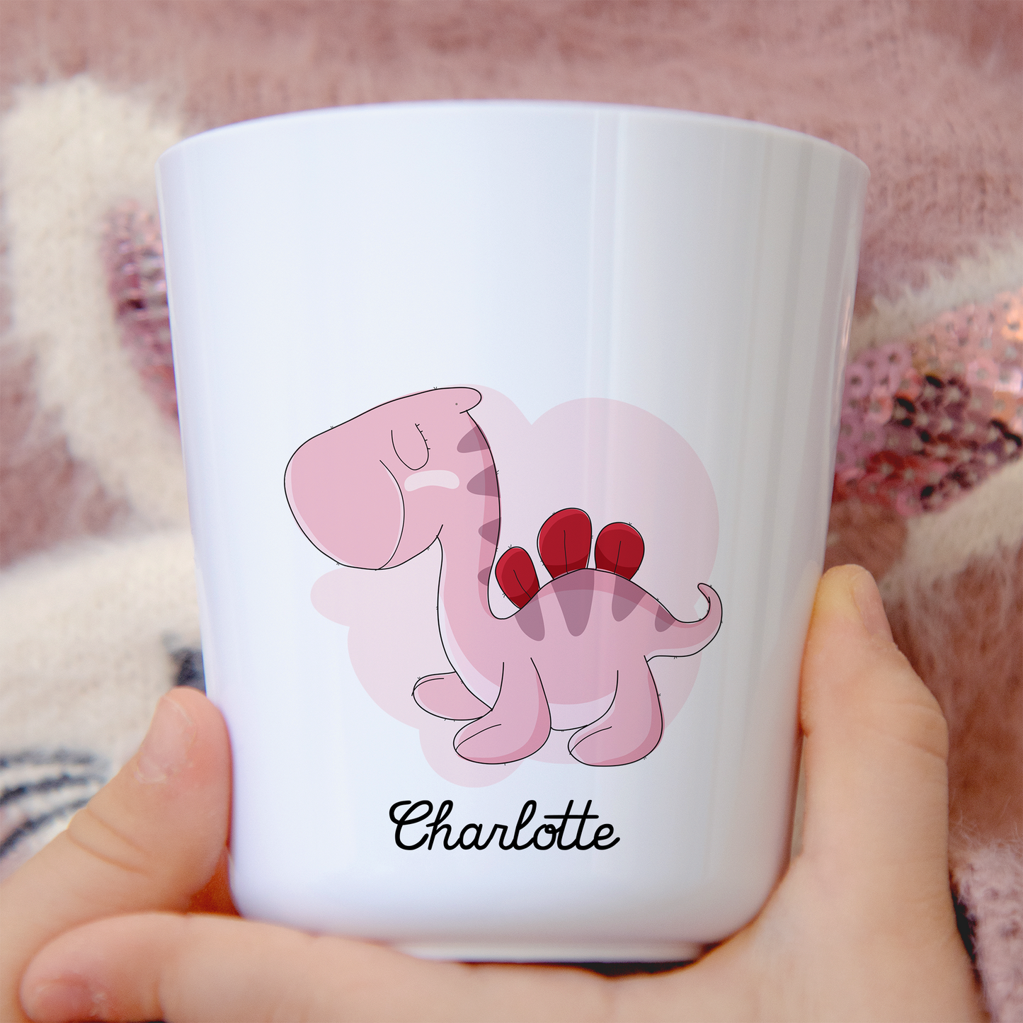 Gobelet enfant personnalisable – Dinosaure rose