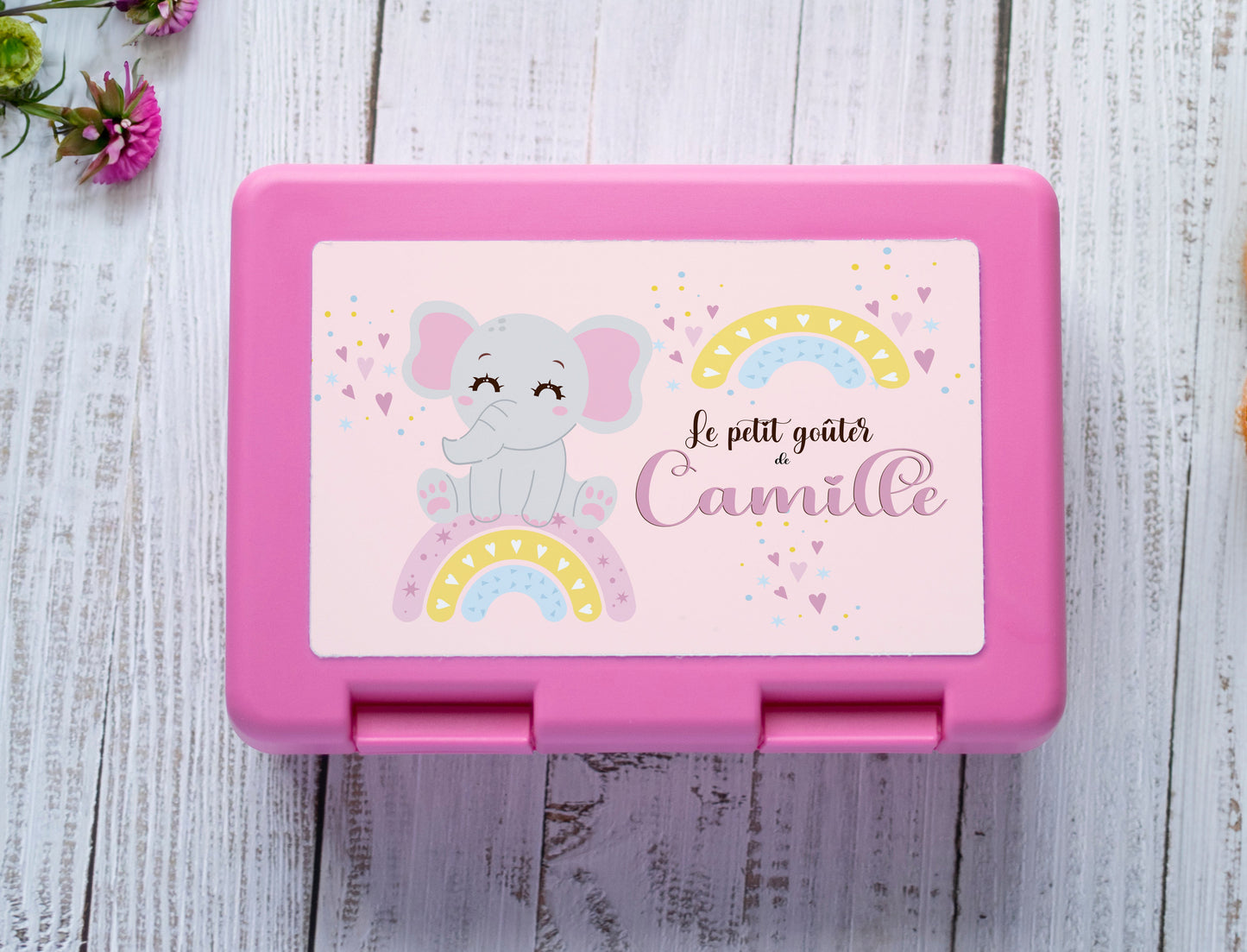 Boite à tartines personnalisée éléphant rose, lunchbox pour le goûter
