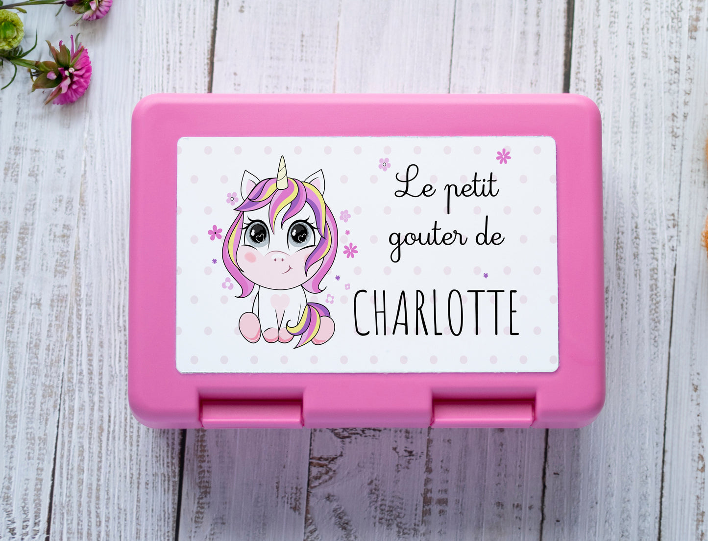 Boite à tartines licorne personnalisée prénom rose