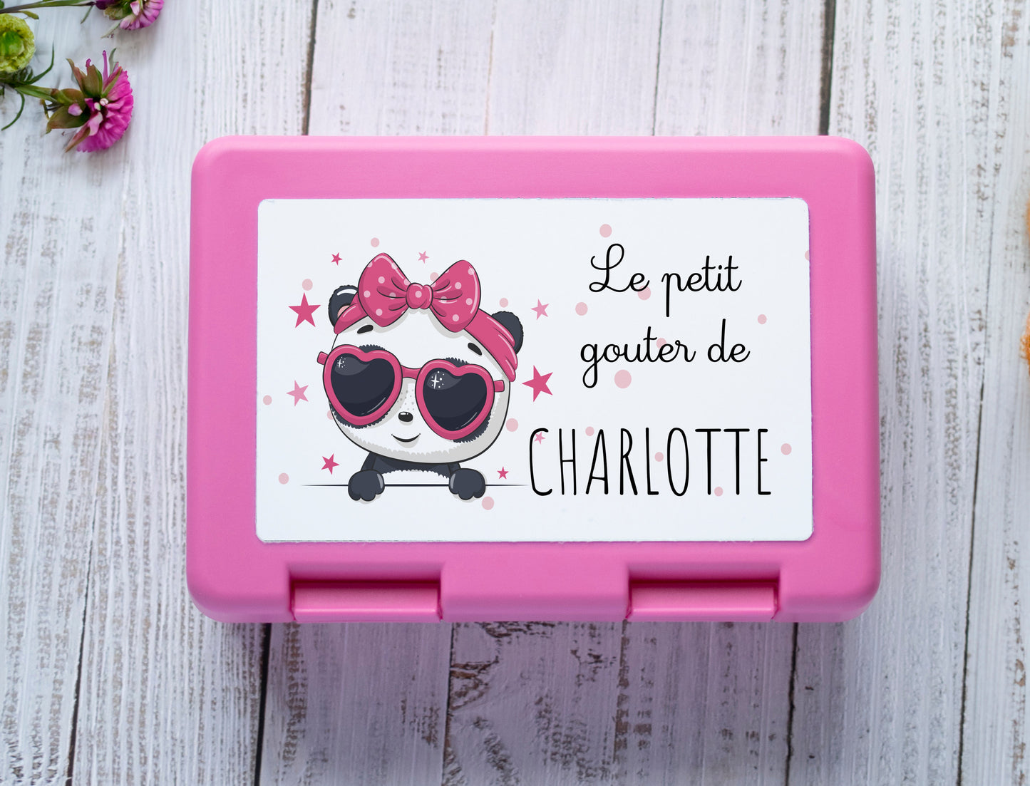 Boite à goûter rose panda avec prénom personnalisée