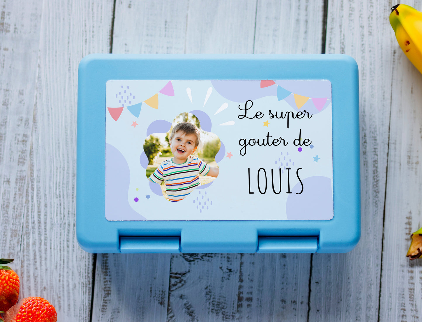 Boite à tartines ou a goûter bleu personnalisée avec le photo et le prénom de votre enfant
