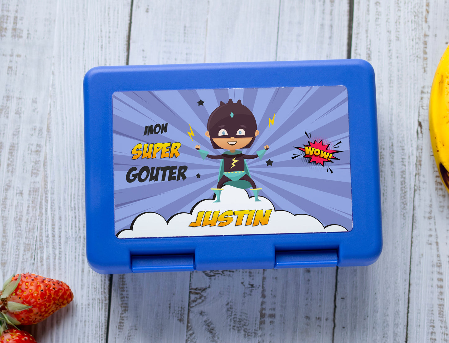 Boite à goûter super-héros personnalisable avec le prénom de l'enfant