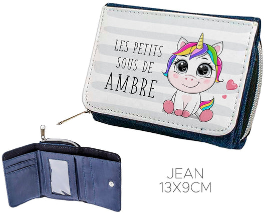 Portefeuille personnalisé en jean motif imprimé licorne avec prénom
