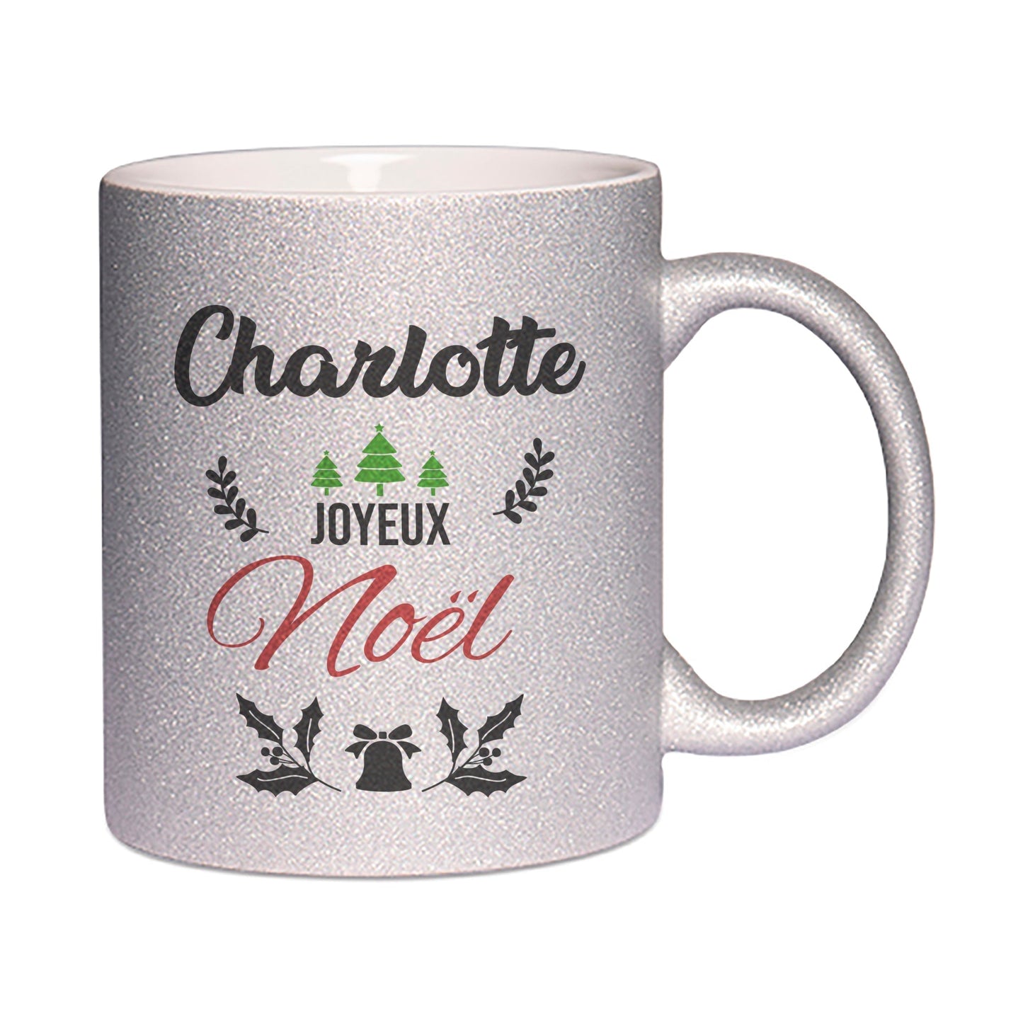 Idée cadeau de Noël Mug Paillettes argent personnalisé prénom Joyeux Noël