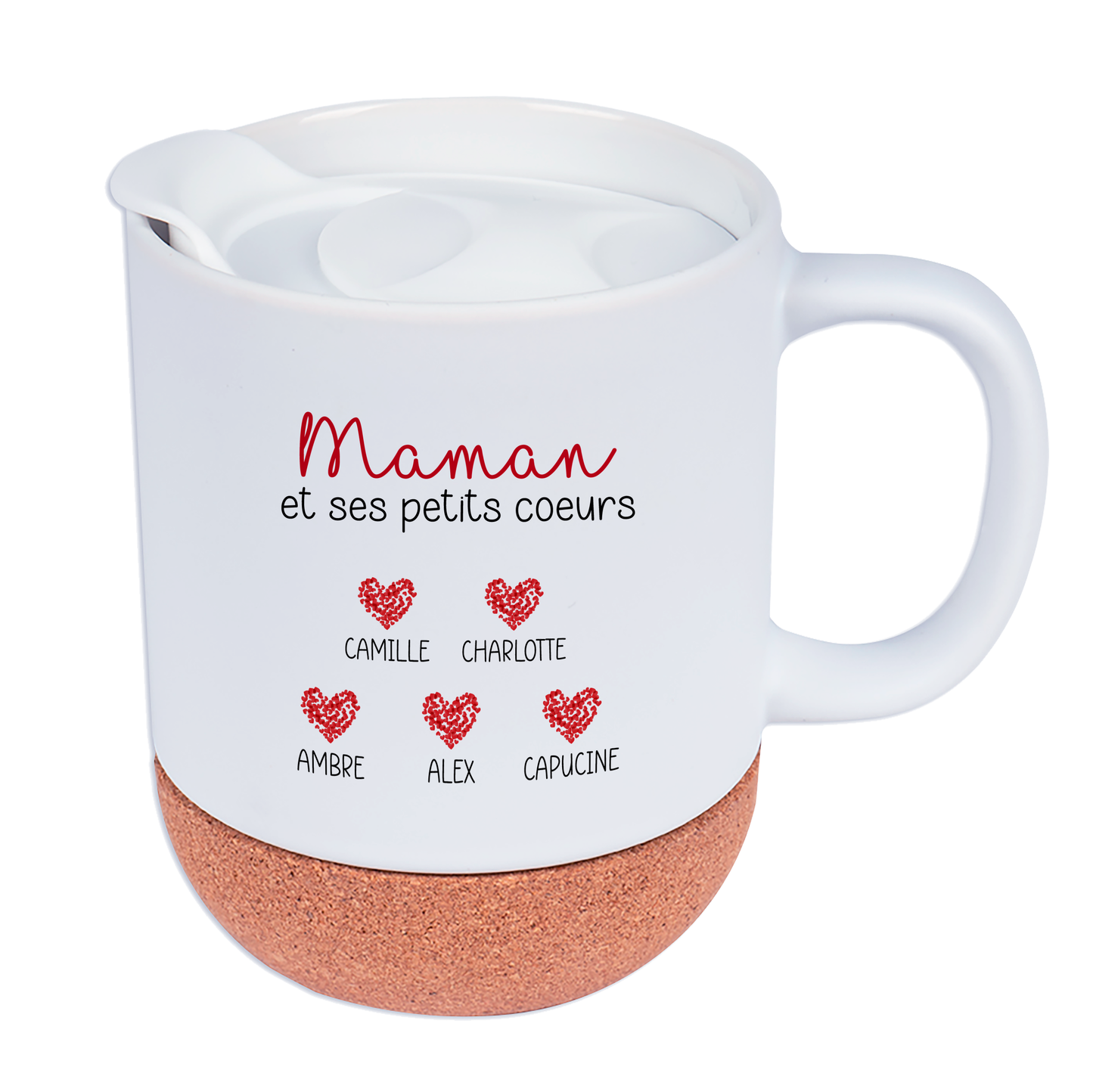 Mug personnalisé Maman et ses petits cœurs avec prénoms et illustrations de cœurs rouges