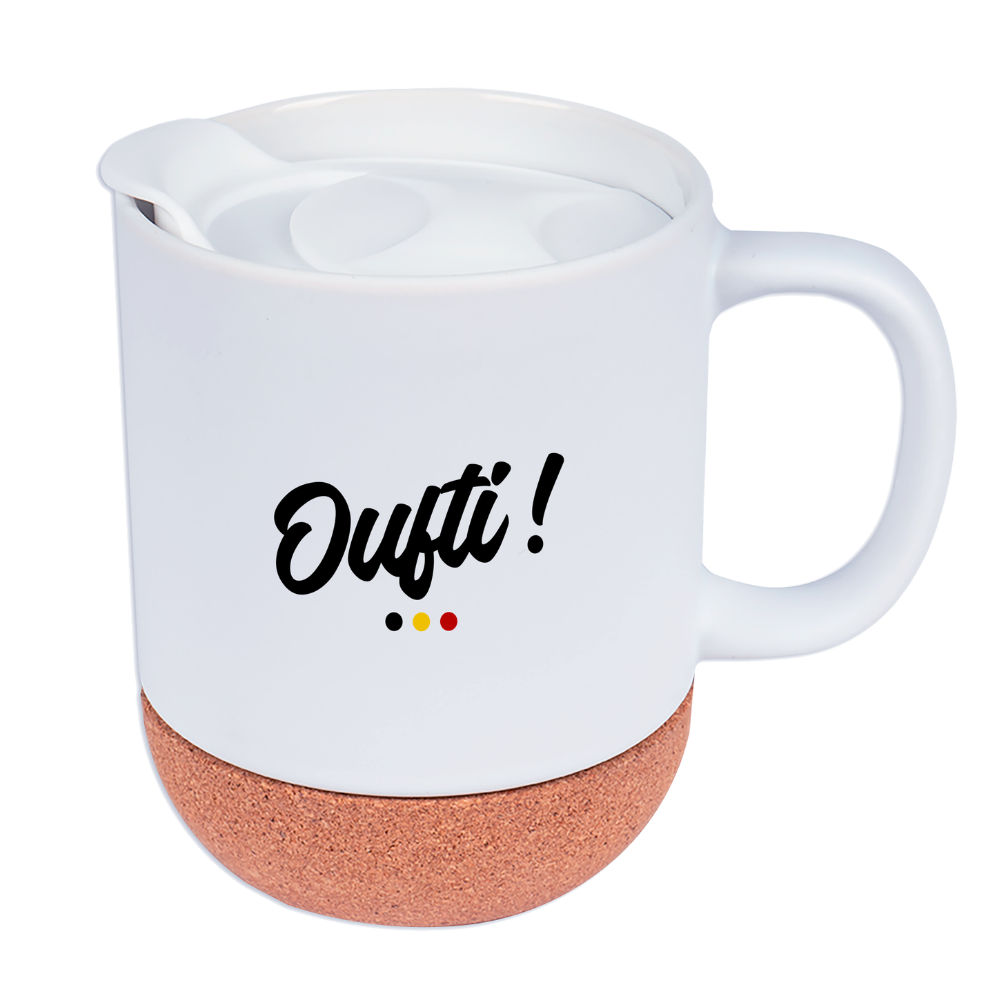 Mug personnalisé Liégeois "Oufti" avec socle en liège et couvercle – Personnalisable avec prénom ou texte