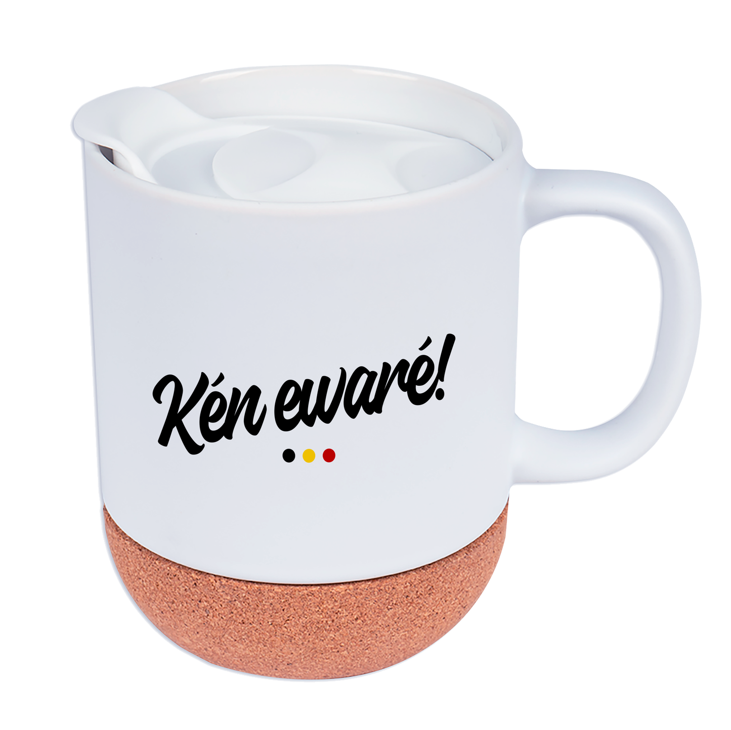 Mug personnalisé Liégeois "Kén Ewaré" avec socle en liège et couvercle – Personnalisable avec prénom ou texte
