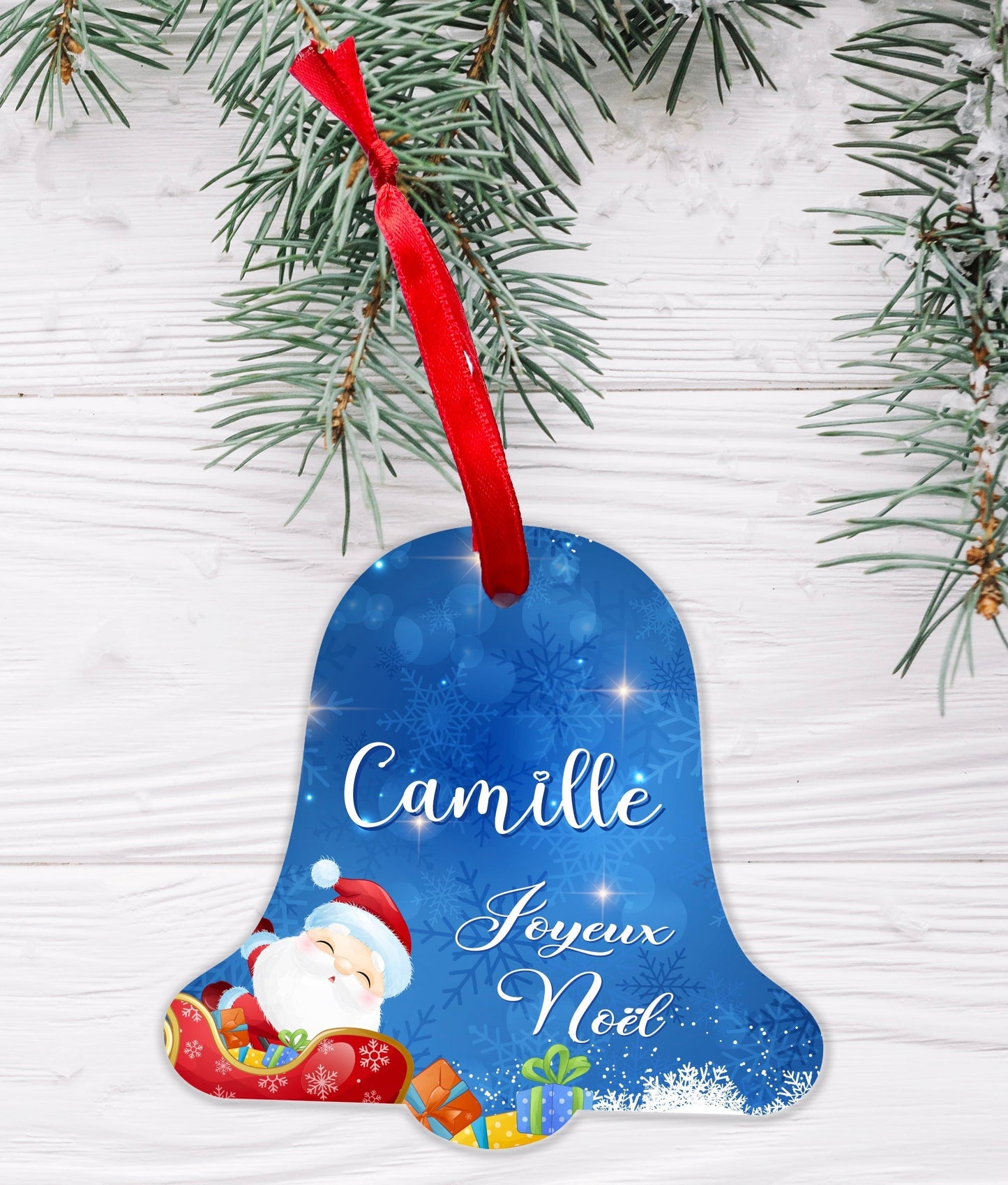Ornement Noël à suspendre à votre sapin en forme de cloche, Joyeux Noël personnalisable prénom bleu