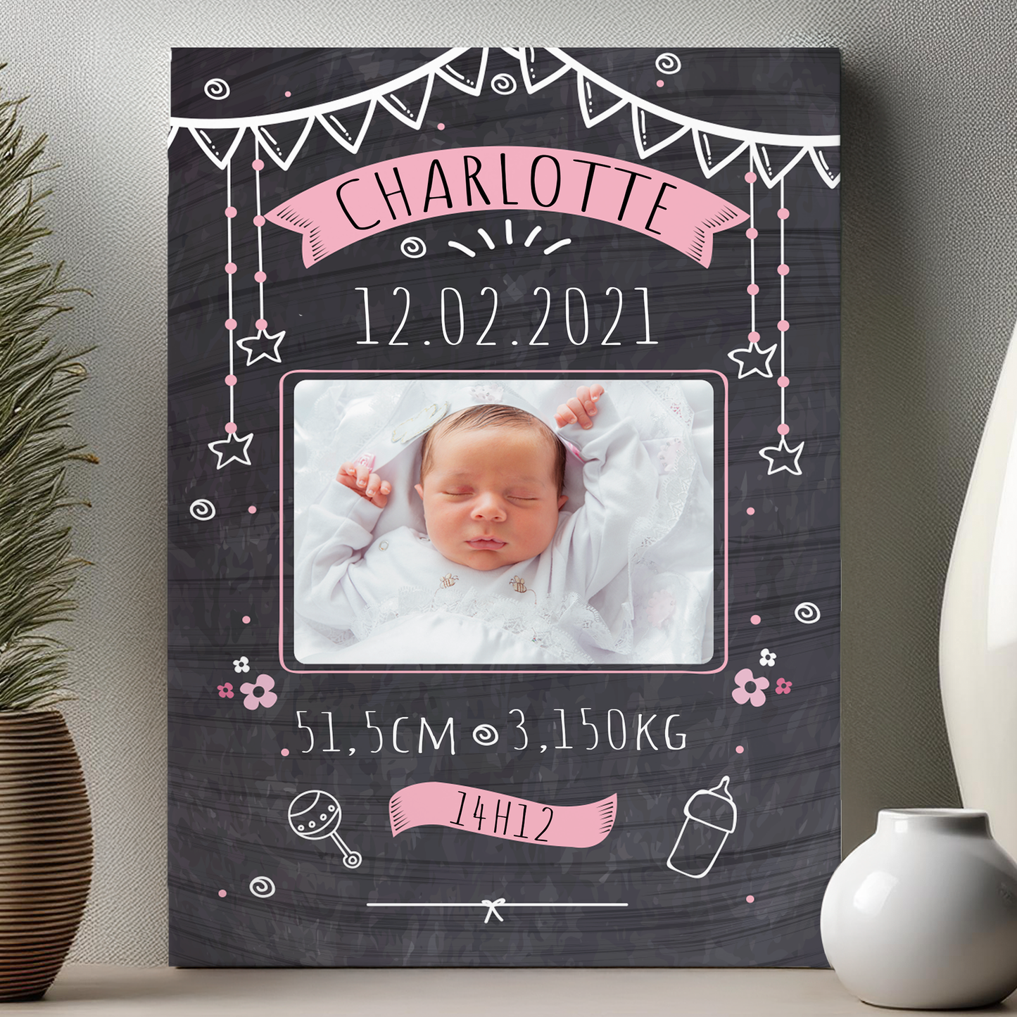 Plaque naissance personnalisée noir/rose en aluminium