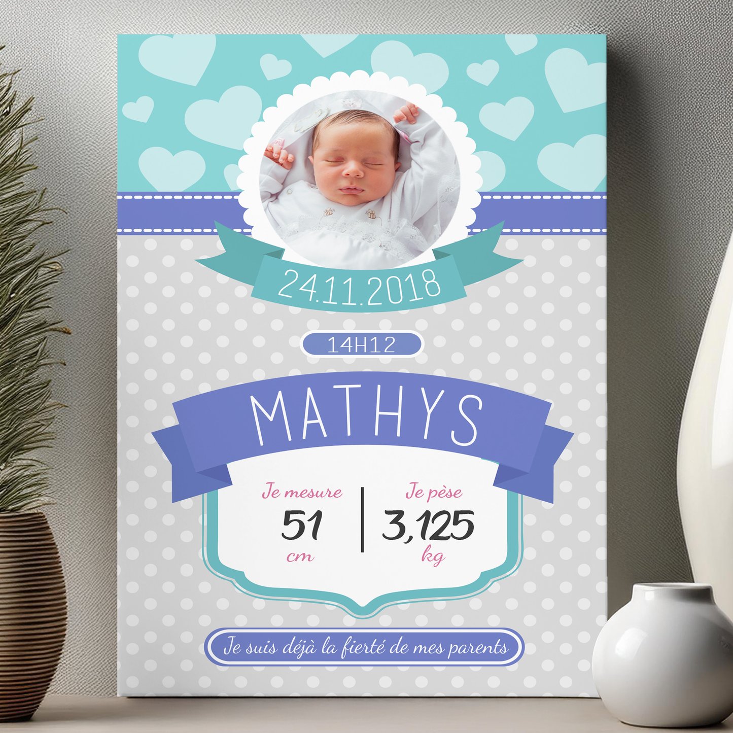 Plaque naissance personnalisée avec photo, prénom et informations de naissance importantes