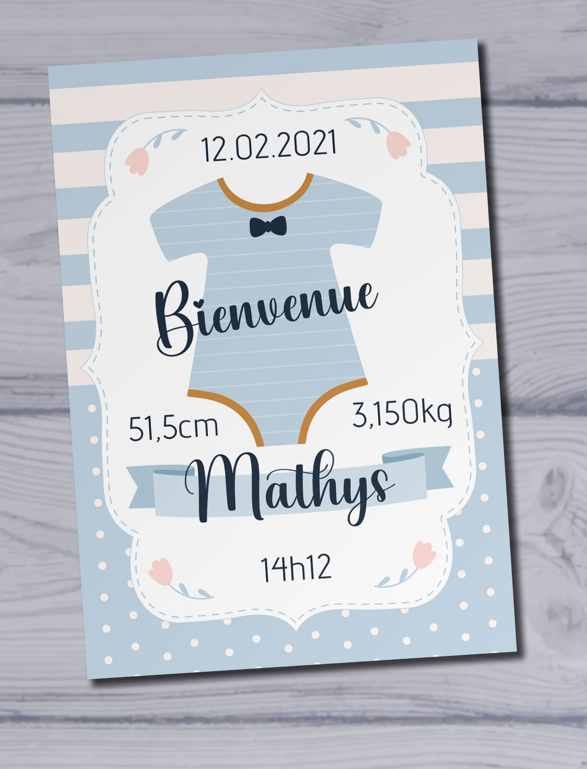 Plaque personnalisé en aluminium body garçon bleu. Cadeau naissance personnalisé
