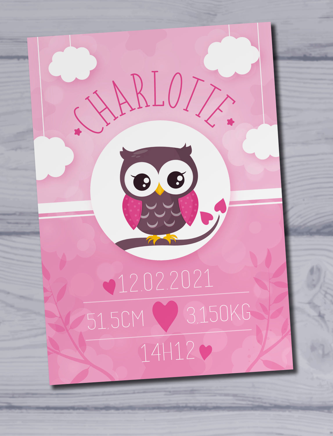 Plaque naissance personnalisée rose chouette, cadeau naissance
