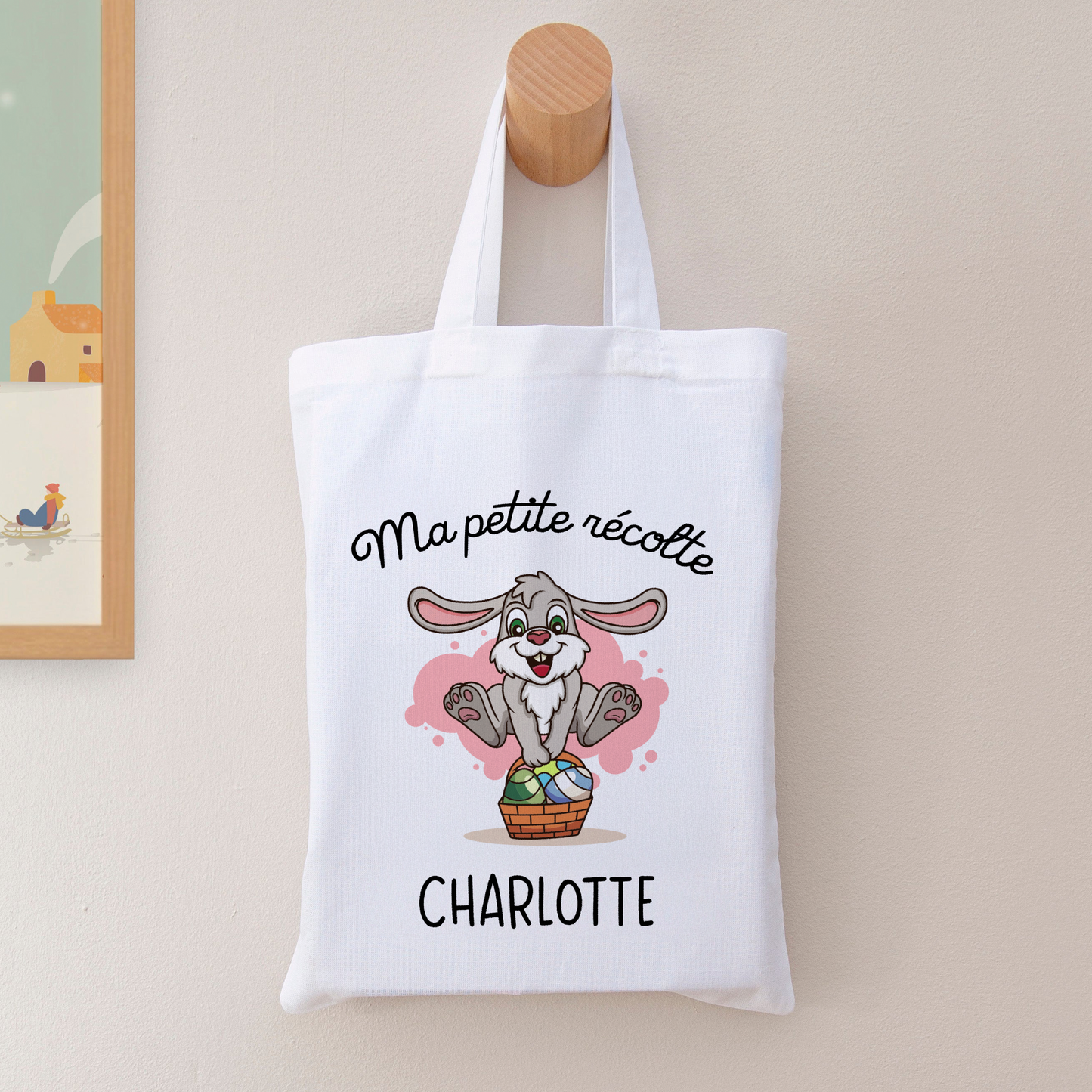 Tote bag enfant 20x25 cm pour Pâques avec prénom et dessin de lapin