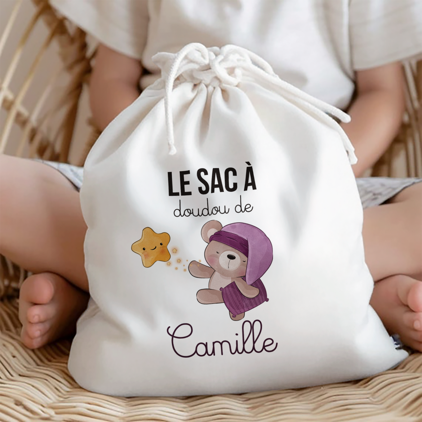 Sac à doudou personnalisé avec prénom et petit ourson dodo - idéal enfant crèche ou maternelle