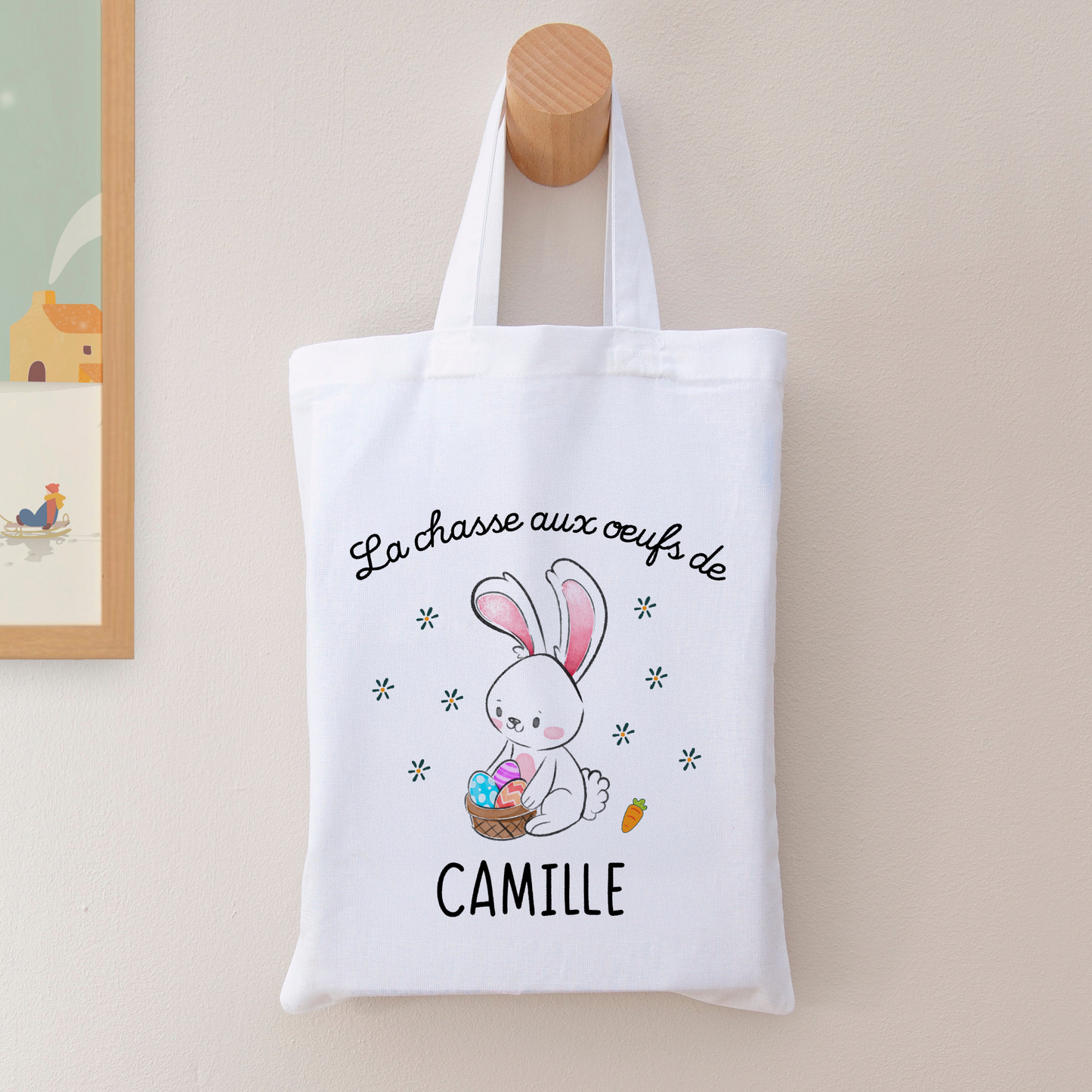 Tote bag enfant 20x25 cm pour Pâques avec prénom et dessin de lapin