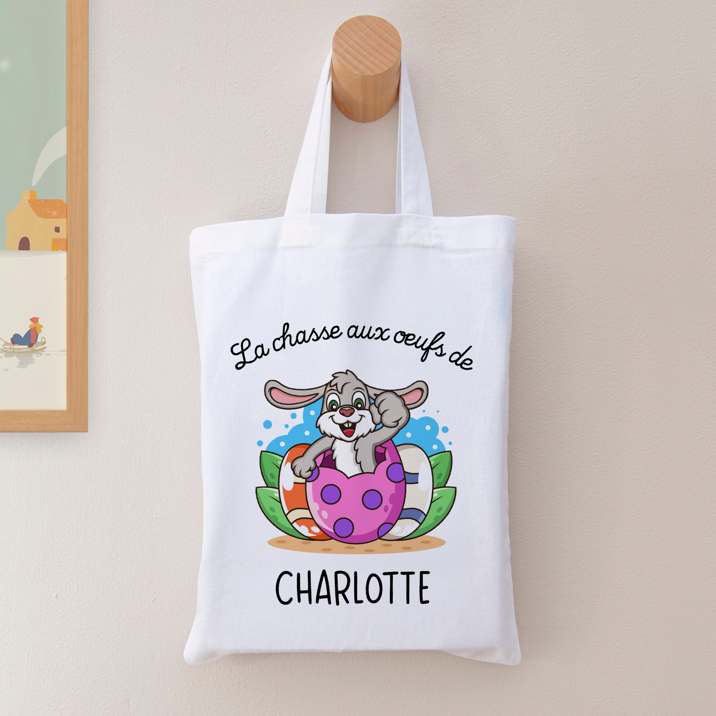 Tote bag enfant 20x25 cm pour Pâques avec prénom et dessin de lapin