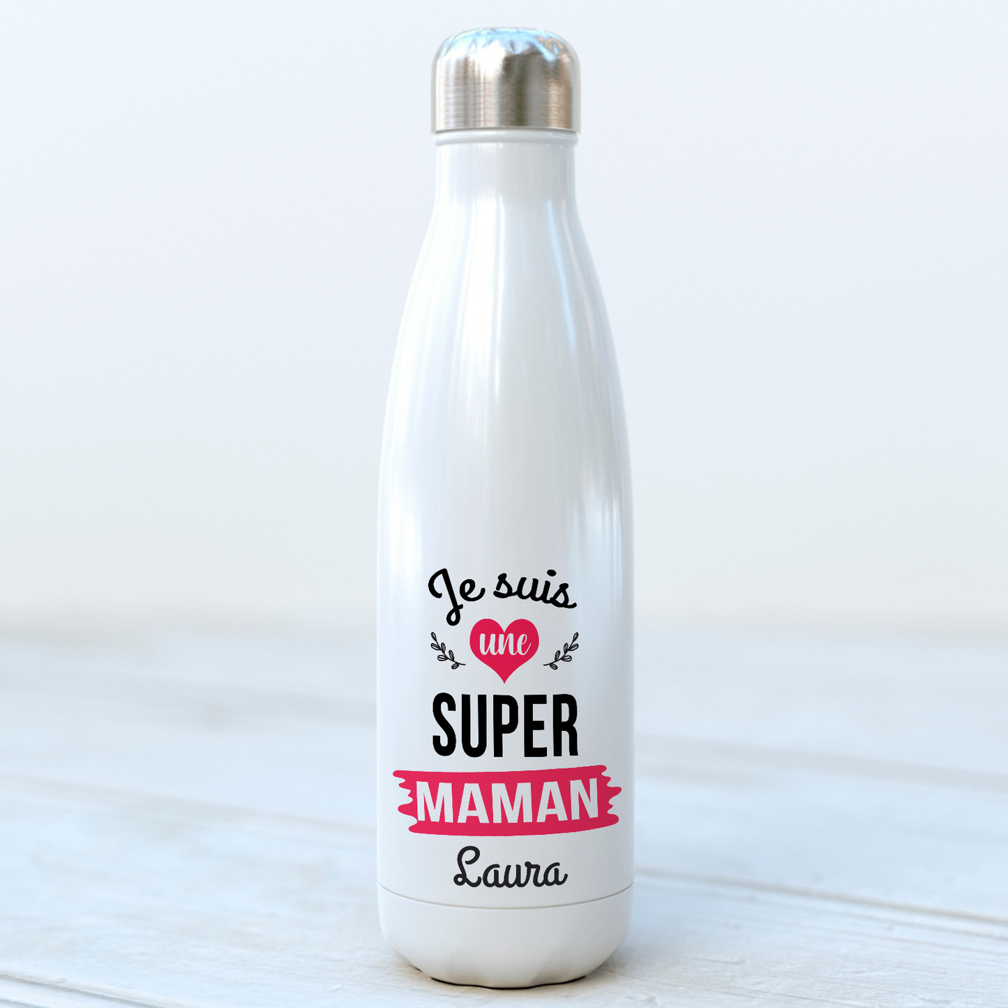 bouteille isotherme personnalisée avec prénom super maman - idée cadeau anniversaire ou fête des mères
