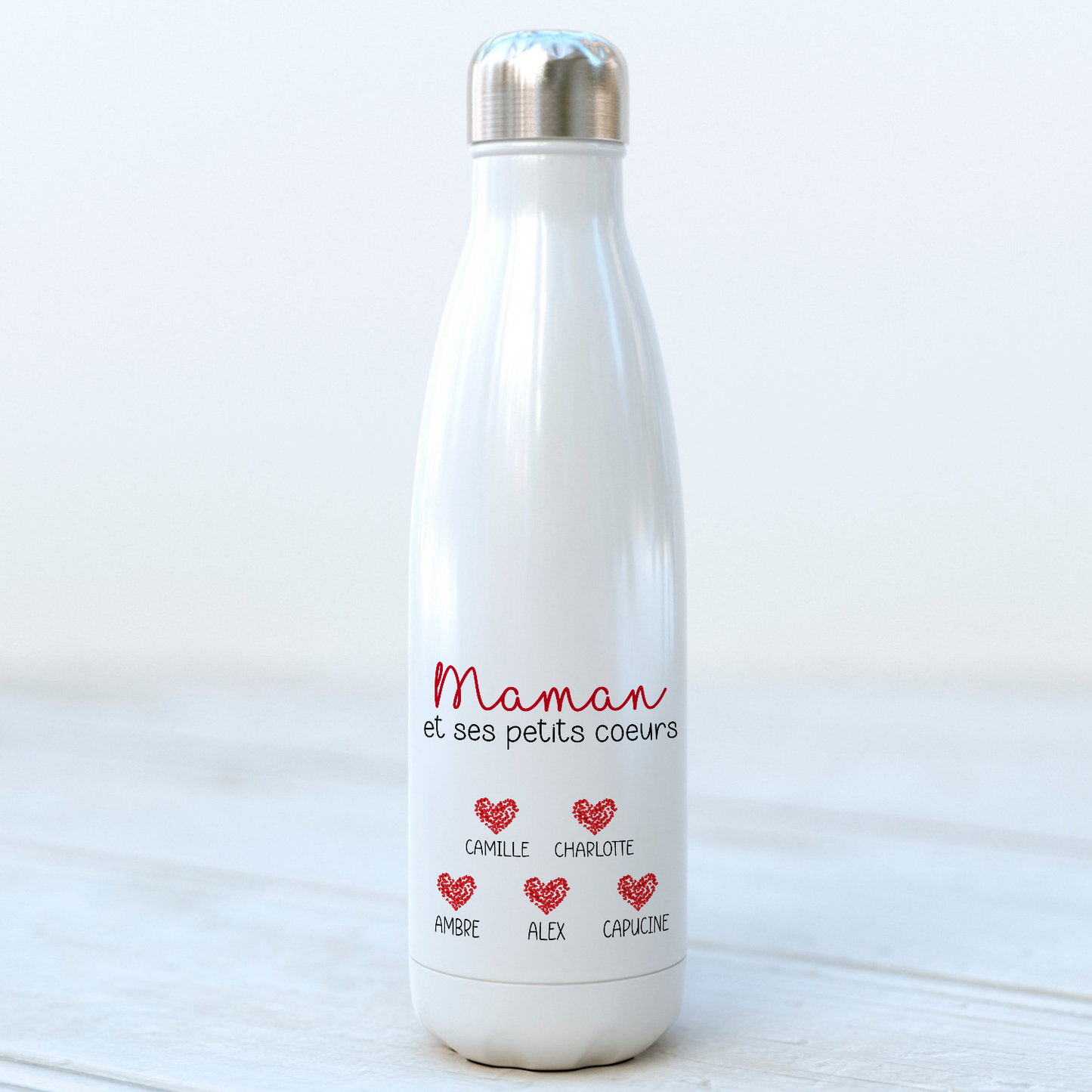 Bouteille isotherme personnalisée Maman et ses petits cœurs avec prénoms et motifs cœur – 500 ml