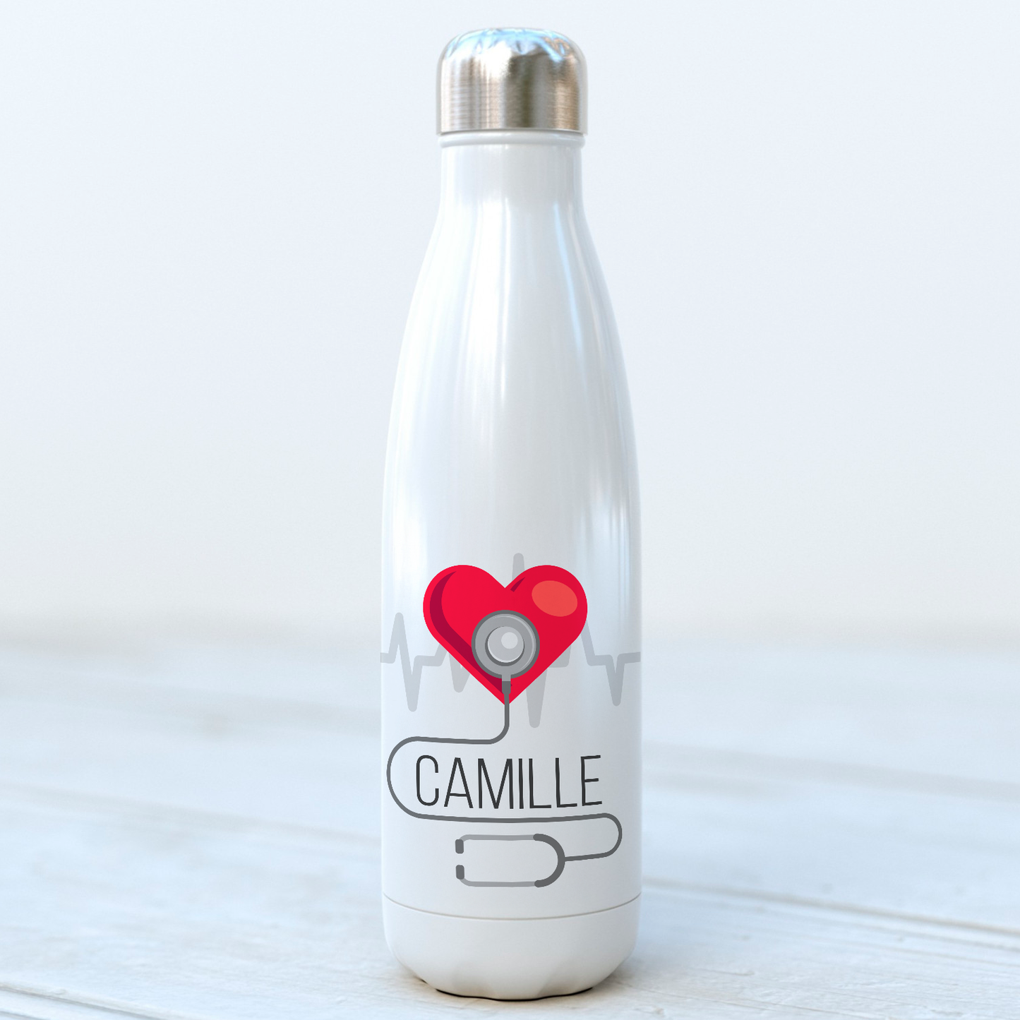 bouteille isotherme personnalisée médecin ou infirmière personnalisable avec prénom et stéthoscope