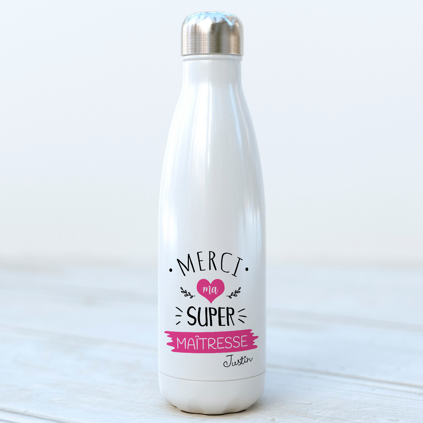 bouteille isotherme merci ma super maitresse personnalisée prénom, idée cadeau fin d'année scolaire maitresse d'école