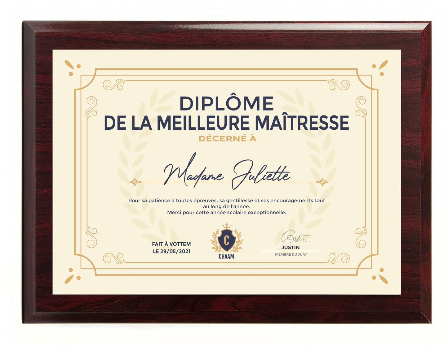 Diplôme meilleure maitresse d'école personnalisé de luxe avec tableau en bois acajou