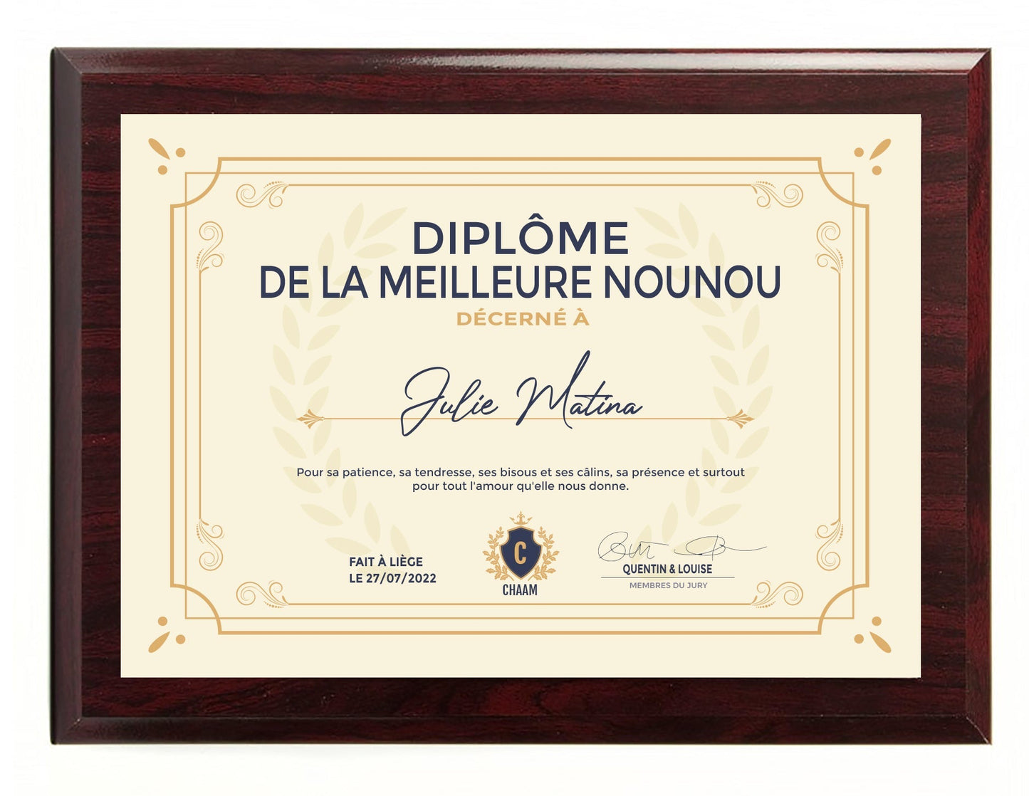 Diplôme luxe de la meilleure nounou, cadeau de remerciement nounou