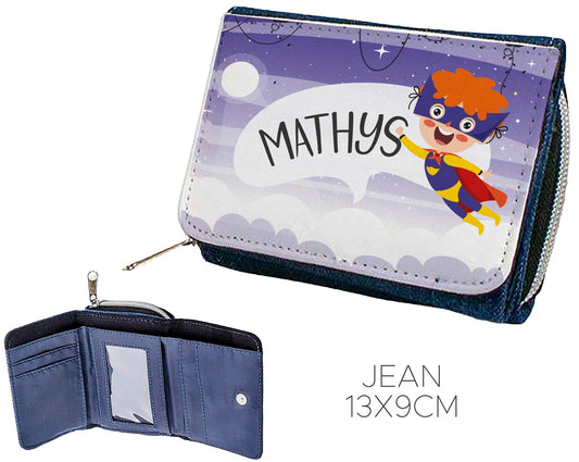 Portefeuille enfant en jean personnalisable super héros avec prénom
