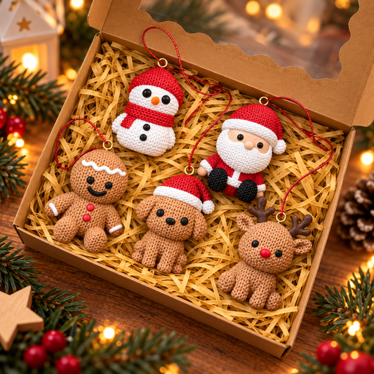 Coffret 5 Suspensions de Noël Effet Tricot – Père Noël, Renne, Bonhomme de Neige, Pain d'Épice, Chiot | Décoration de Sapin Originale