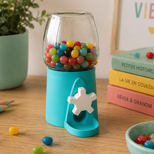 Distributeur de bonbons imprimé en 3D turquoise avec M&M's, compatible pot Bonne Maman