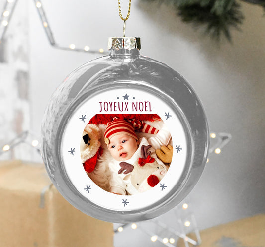 Boule de Noël personnalisée argent avec photo et texte joyeux Noel. Décoration sapin de Noël personnalisée