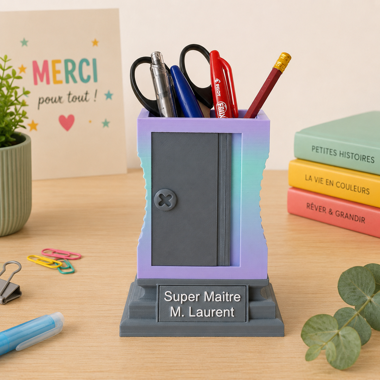 Pot à crayons personnalisé maîtresse couleur bleu lavande - cadeau fin d'année scolaire imprimé 3D