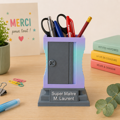 Pot à crayons personnalisé maîtresse couleur bleu lavande - cadeau fin d'année scolaire imprimé 3D
