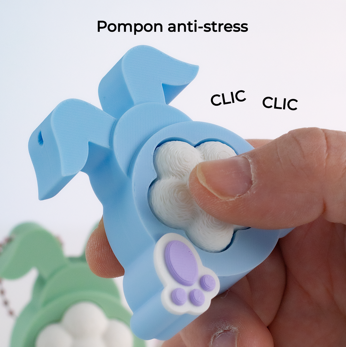 Porte-clés lapin pastel avec clicker anti-stress imprimé en 3D