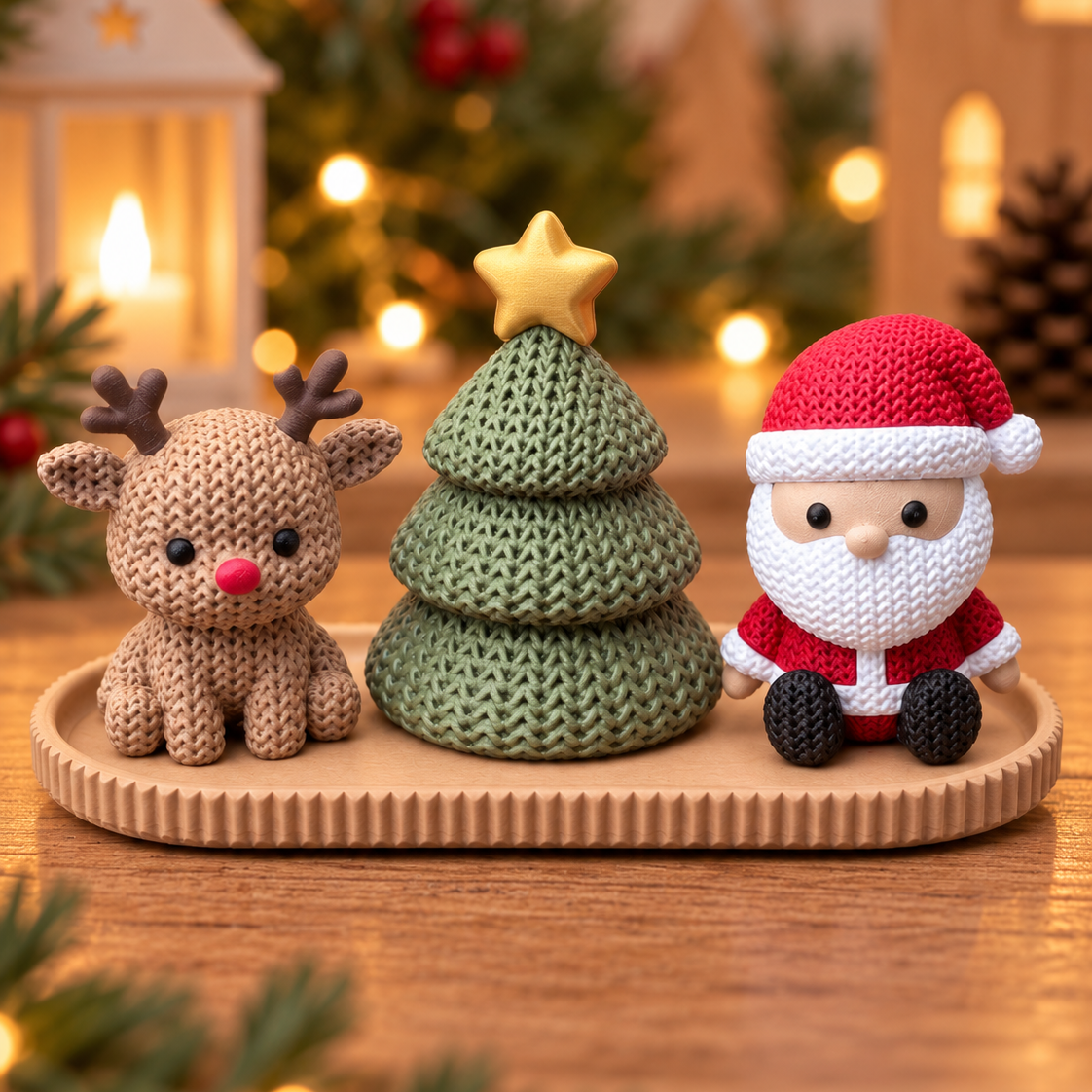 Lot de 3 figurines de Noël effet tricot : Père Noël, renne et sapin sur plateau sable