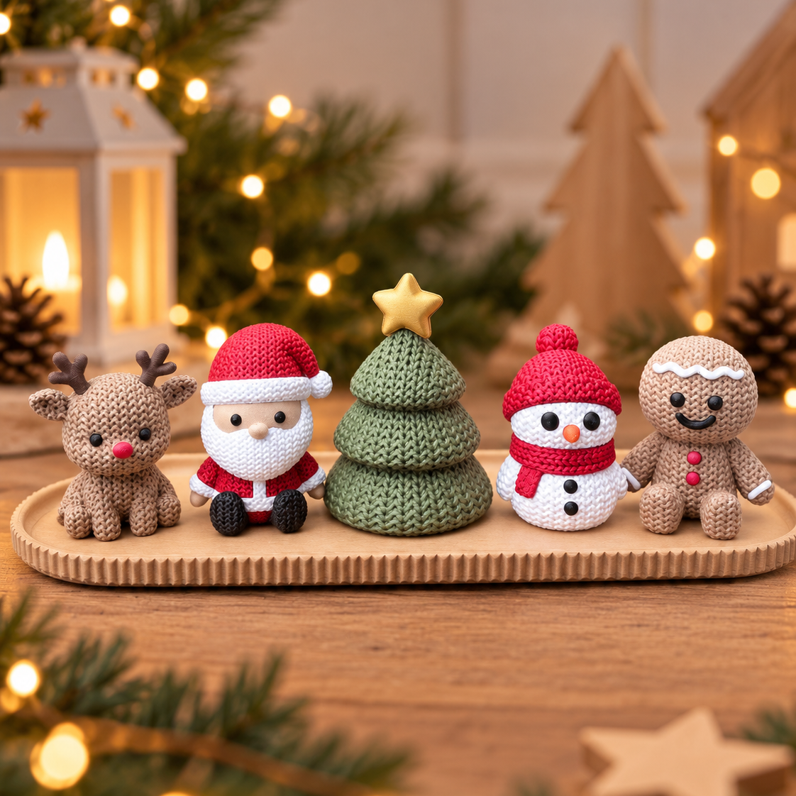 Collection complète de 5 figurines de Noël effet tricot avec plateau strié coloris sable