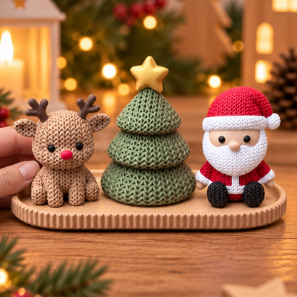 Figurines de Noël effet tricot sur plateau strié sable : renne, sapin à étoile dorée et Père Noël